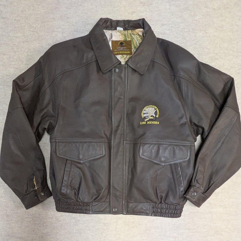 Brown Leather Jacket With Map Interior Size XL North American Hunting Club